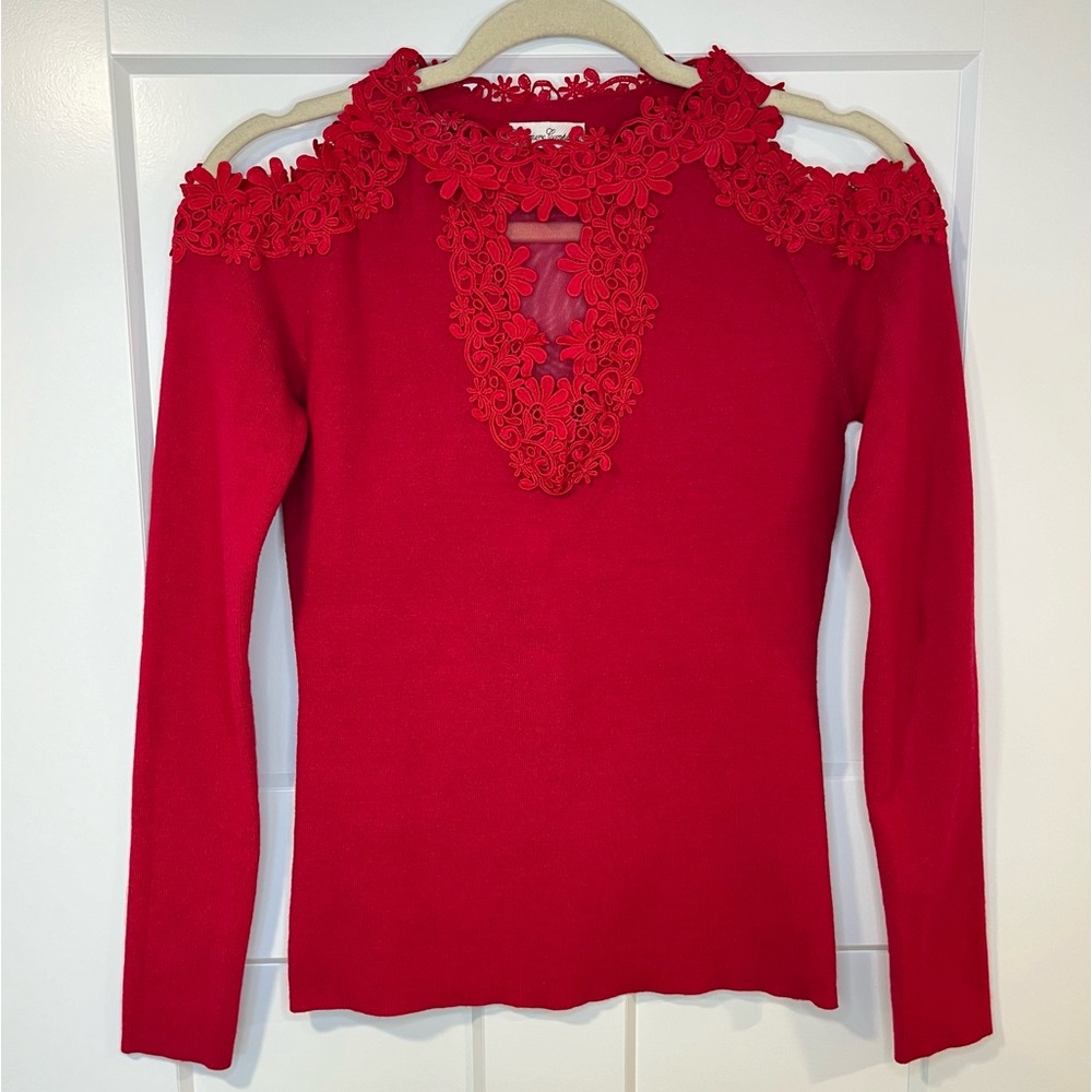 Red Lace Trim Cold Shoulder Wool Cashmere Blend Sweater Italy Cashmere Company
